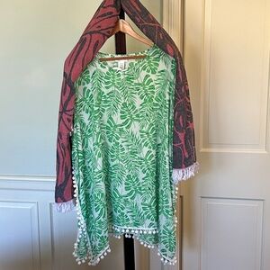 MONSTERA Christmas Red + Bright Green Leaf Set of 3 Coverup + Wrap Scarf + Belt